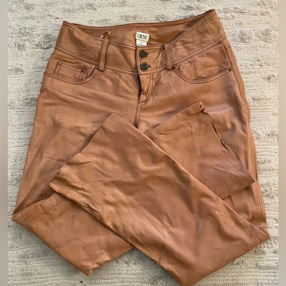 **Sale**cache 100% Lambskin Leather Camel Colored Pants Jeans size 2